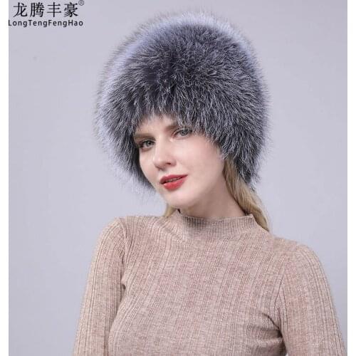 Real fur Fox hats women real beanies cap knitted Russian winter thick warm fashion caps Silver