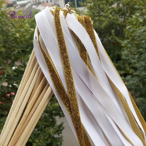 Newest gold glitter + white stain ribbon wedding wands wedding stick with gold bell for wedding party decoration 50Pieces/Lot