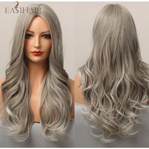 EASIHAIR Ombre Ash Silver Blonde Long Wave Synthetic Wigs for Women Heat Resistant Fiber Middle Part Faker Hair Daily Use Party