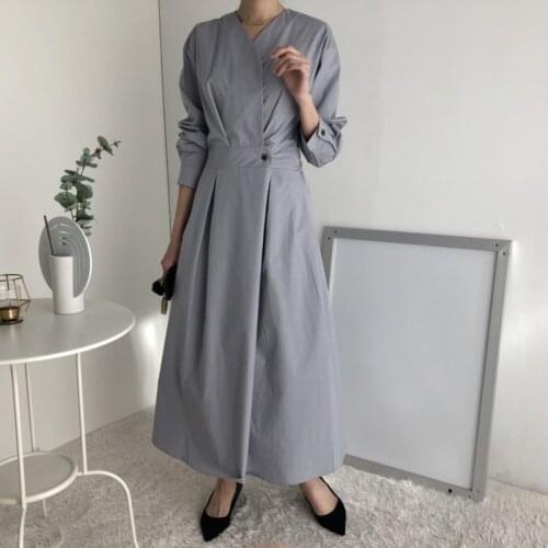 Japanese Casual Long Dress Fashion Long Sleeve Solid Autumn Dresses 2021 Streetwear High Waist Elegant Button V Neck Dress Women