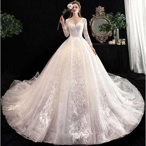 Dubai Long Sleeves O neck Ruched Luxury Lace Wedding Dresses 2020 Applique customer sizes Princess Wedding Gowns Bridal Dresses