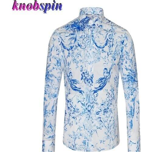 100% Pure Cotton Shirt men Brand design Print Long sleeve Slim Chemise homme Plus size 3XL 4XL Casual Business male Dress Shirts