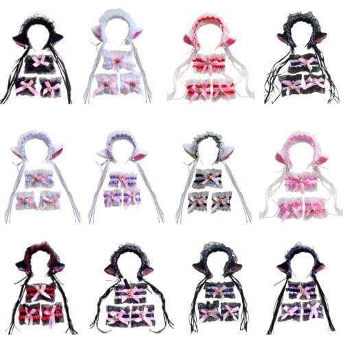 Sexy Female Girls Anime Lolita Cosplay Costume Plush Cat Ears Badnana Bowknot Bell Ruffles Lace Collar Necklace Wristband Party