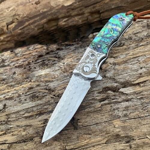 SAMSEND New Damascus Folding Knife Green Shell/ Rosewood Handle Damascus Blade Outdoor Camping Tool, Gift Knife