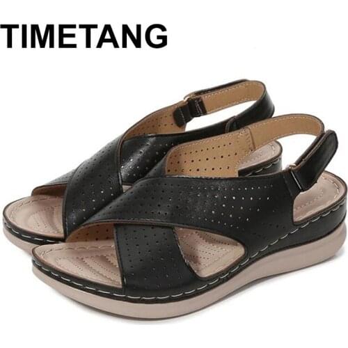 TIMETANG 2021 Summer Retro Womens Sandals Sewing Casual Wedge Shoes Lady Buckle Strap Hook Loop Soft Platform Female Sandals