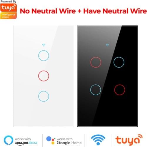 Tuya WiFi Smart Touch Switch Light No Neutral Wire 110V 220V 1/2/3/4 Gang 433 MHZ RF Remote On Off Works With Alexa Google Home
