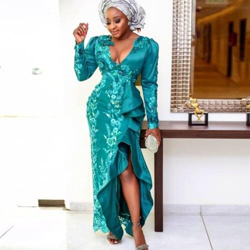 Nigerian 3D Floral Evening Dresses Chic Full Sleeves vestido de festa abiye abendkleider Beading Evening Dress Formal Gowns