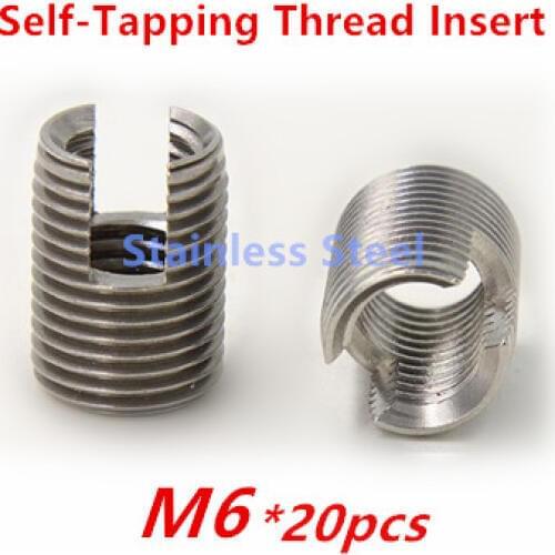 20pcs M6 Stainless Steel Self tapping Thread Insert Self Tapping Screw Bushing Slotted Type Thread Repair Inset
