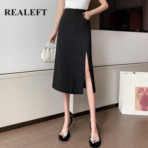 REALEFT Elegant Office Wrap Midi Skirts 2021 New Autumn Solid Side Split Button High Waist Female Straight Pink Skirts Pockets
