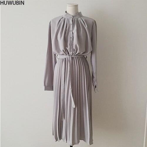 2021 New Korean Womens Chic Temperament Waist Round Neck Lace Up Long Skirt Pleated Elastic Waist 3-Color Avant-Garde Dress