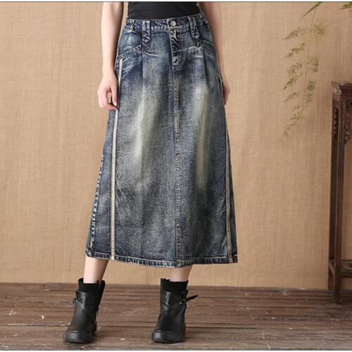 Free Shipping 2019 New Fashion Long Mid-calf A-line Elastic Waist Denim Jeans Women Skirt With Slit High Quality Plus Size S-3XL
