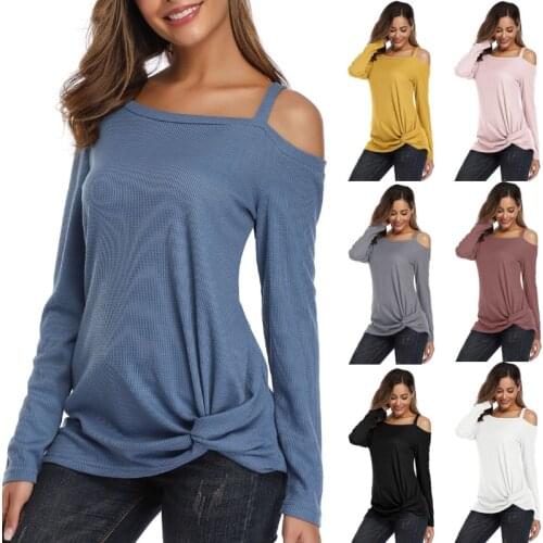 Spring Womens Round Neck Long Sleeves T-shirt Strapless Pullover Kink Design Solid Color Tops Fashion Multicolor Casual Loose