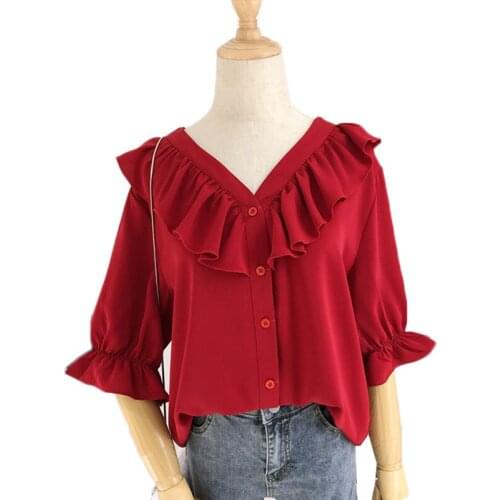 New Summer Women Chiffon Blouse Shirt Ruffled Women Shirts Fashion V-neck Womens Tops and Blouses red white Office Shirts J418