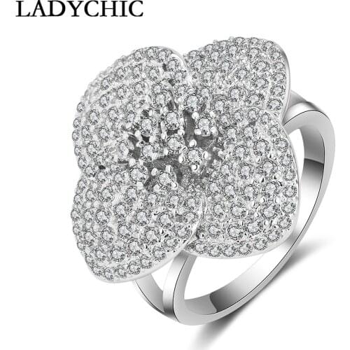 LADYCHIC New Style Silver Color Flower Wedding Rings for Women Lover Fashion Ring with Micro Paved CZ Crystal Jewelry LR1051
