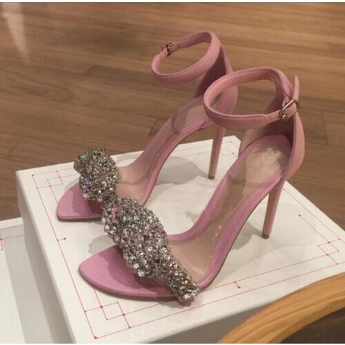 Moraima Snc Girls Pink High heel Shoes Sexy Open Toe Crystal Embelished Party Dress Heels Thini Heels Ankle Strap Sandal