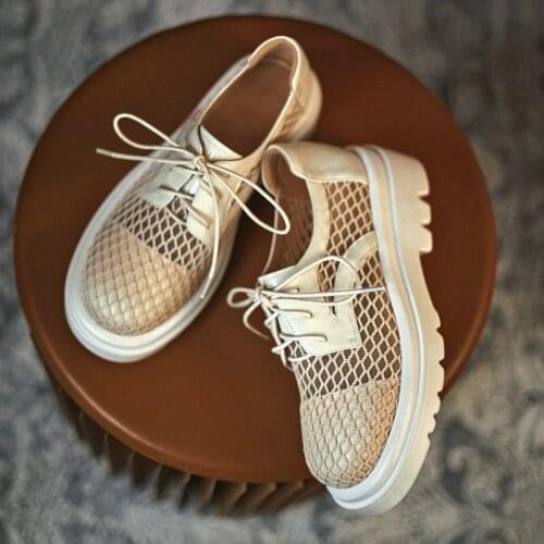 British Platform Chunky Creepers Women New Summer Mesh Genuine Leather Casual Shoes Lace Up Derby Holiday Vacation Oxford Shoes