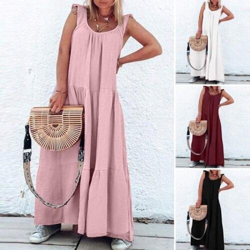 Womens Summer Sundress ZANZEA 2021 Bohemian Solid Ruffle Dress Casual Beach Maxi Vestidos Female O Neck Tank Robe