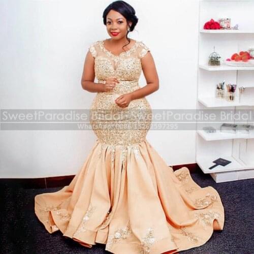 Champagne Satin Appliques Evening Dresses With Capped Sleeves Beads Sheer Neck Plus Size Women Long Formal Evening Dress Party