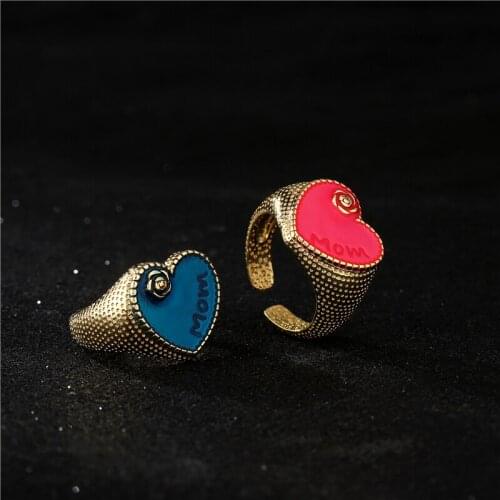 NEWBUY 2021 Fashion Blue/Pink Color Oil Dripping MOM & Rose Charm Finger Ring For Women Adjustable Best Birthday Gift Wholesale