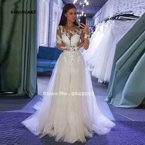 Robe De Mariée Vintage White Wedding Dress Appliques Long Sleeves Lace-Up Sweep Train A-Line Bride Gown Vestidos Sukienki France