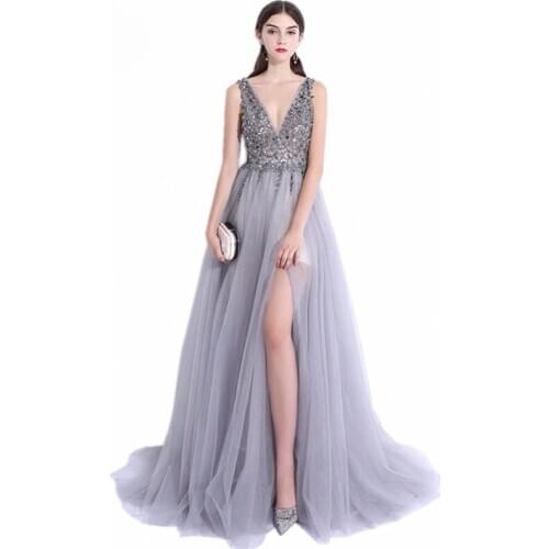 Sexy Evening Dresses A-Line Vestido de Festa V-Neck Gray Tulle Custom Made Beading Bare Back Prom Grown Dress
