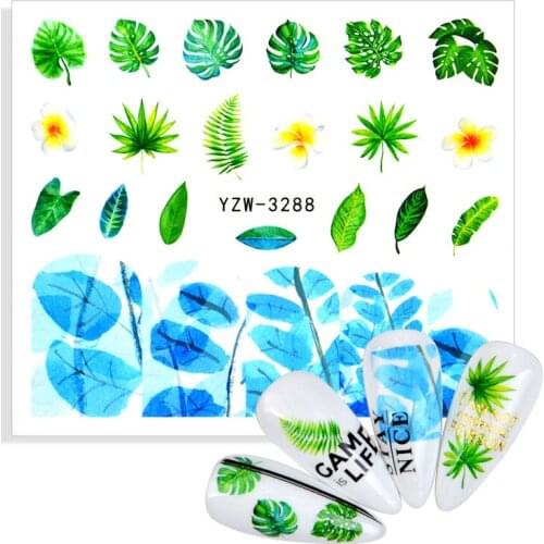 1 Sheet Nail Stickers And Decals 2021 Nail Art Decorations Summer Palm Tree Simple Green Leaf Flowers Watermark Sliders Tattoos