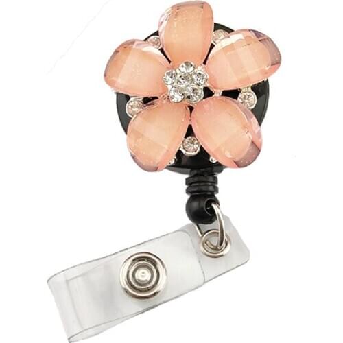10pcs Fashion Badge Reel Light Peach Flower Fancy Retractable Plastic Name Tag Badge Holder For Office Worker