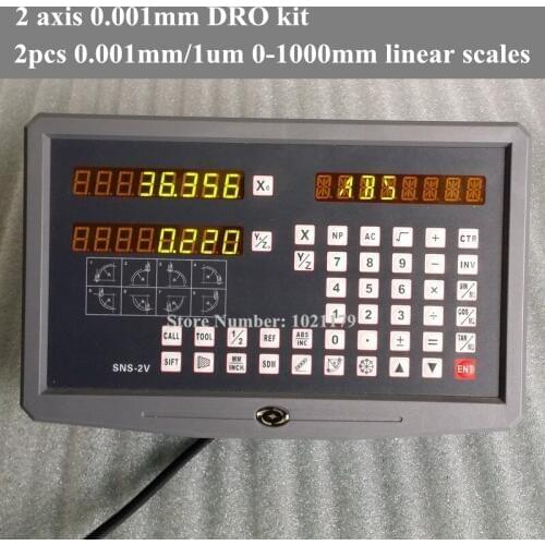 2 axis 0.001mm DRO Kit 2 axis digital readout system and 2 pcs 0.001mm 0-1000mm linear scale for lathe milling machine