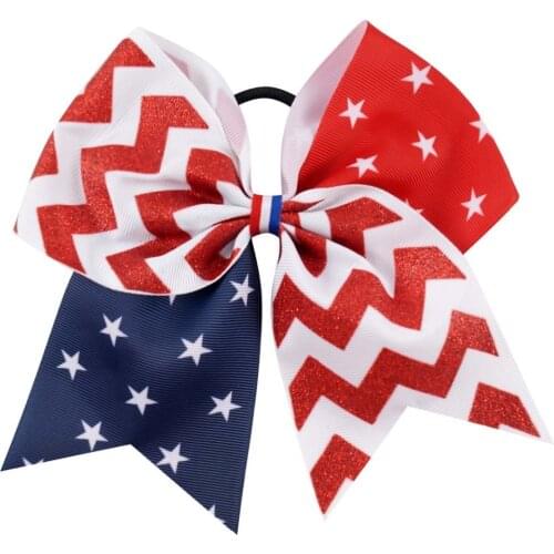 10 Pcs/lot 7" Flag Ribbon Glitter Cheer Bow With Elastic Band For Kids Girls Large 4th July Chevron Headband Hair Accessories