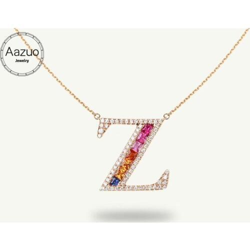 Aazuo 18K Rose Gold Natural Coloured Gemstone Real Diamond Fashion Rainbow Letter Free Pendent Necklace gifted for Women Au750
