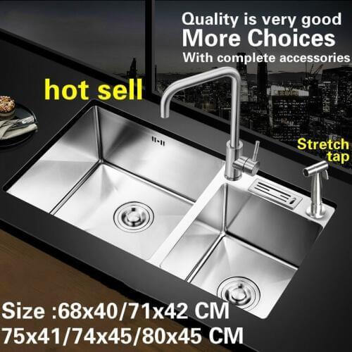 Free shipping Standard kitchen manual sink double groove durable 304 stainless steel hot sell 68x40/71x42/75x41/74x45/80x45 CM