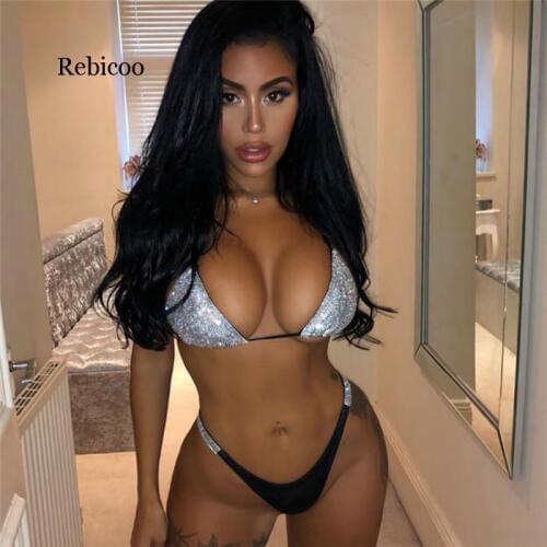 Shiny Silver Rhinestones Bra Brief Set Women Halter Bra Panty Two Piece Set Summer Beach Outfits Sexy Lingerie Set Underwear Set