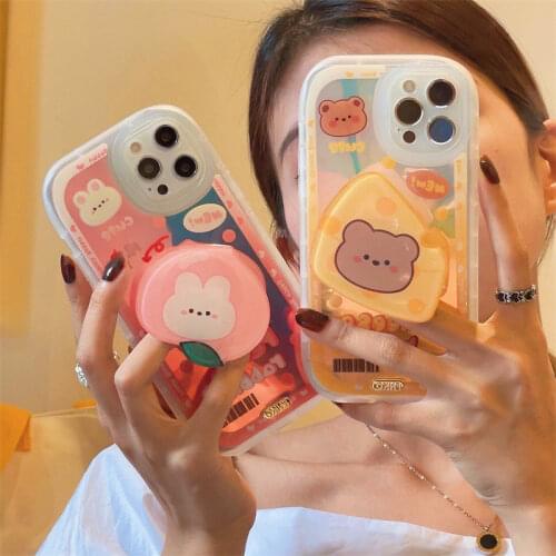 Jelly Color Cute Rabbit Bear Stand Socket Phone Case For iPhone 12 pro max 11 7 8 plus x xr xs max Shock Proof Phone Back covers