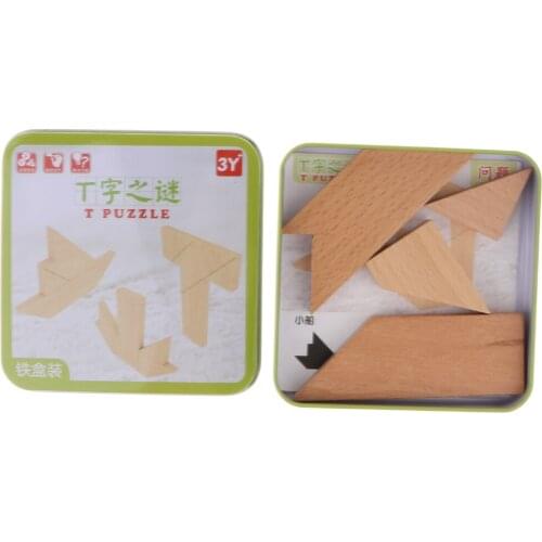 Kids Wooden Intelligence Game Jigsaw Puzzle Metal Box Blocks Stacking Educational Toy Developmental - T Shape