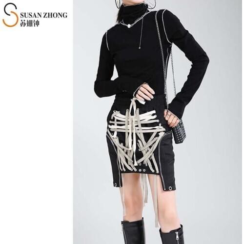 Women Skirts Female Bottoms Spring Autumn Japanese Style Designer Pencil Mini Ribbons Zipper Pockets Asymmetric Hem Street Sexy