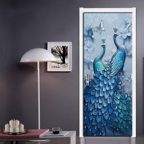 Door Sticker 3D Butterfly Peacock Art Oil Painting Wall Mural Living Room Bedroom PVC Self-adhesive Door Decoration Wallpaper