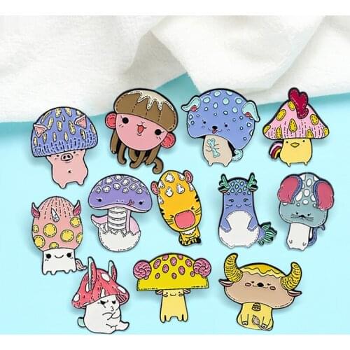 Chinese zodiac Brooches Mushroom Rat Tiger Rabbit Dragon Snake Sheep Monkey Dog Pig Enamel Pin Plant Animal Broche Badge Jewelry
