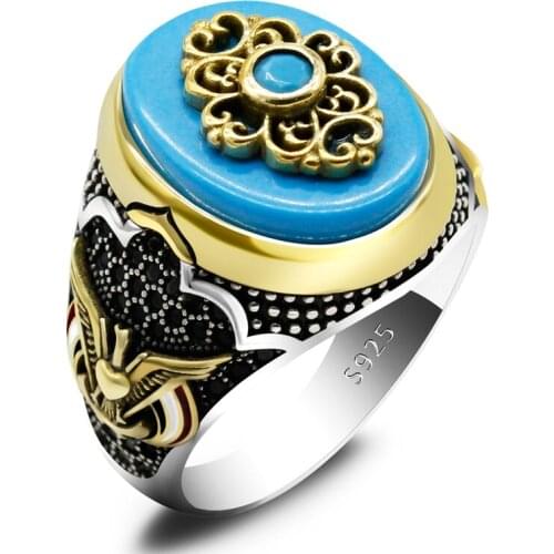 Brand new authentic sterling silver antique Turkish turquoise ring, spinel mens colorful punk style