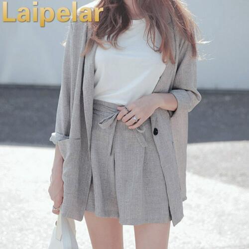 Cotton Linen Summer Suit Female 2 Pieces Set Tracksuit for Women Loose Blazer & Bow Elastic Waist Short Pant Suits High Quality