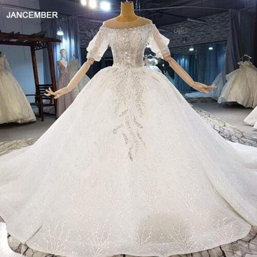 HTL2064 Luxurious Crystal Beading Sequined Wedding Dress 2021 For Woman Ball Gowns Short Sleeve Lace Up Back