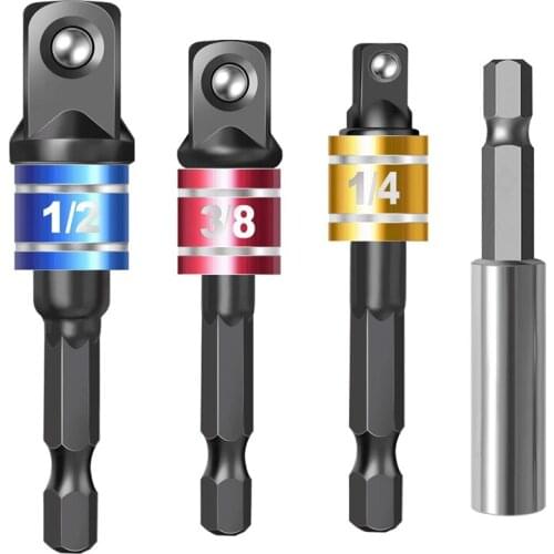 4 Pieces Impact Driver Socket Adapter Set with Magnetic Extension Bit Holder for 1/4 Inch Hex Shank to Square Socket Turn Power