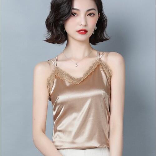 Korean silk womens top summer womens satin sweater womens lace V-neck top sexy T-shirt halter top