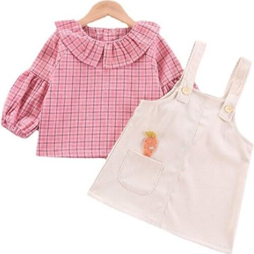 Spring And Autumn Girls Suit 2021 Fashion New Lapel Plaid Shirt Casual Suspender Skirt Childrens Two-piece Suit 0-3Y