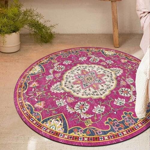 Retro European Style Round Floor Mat Persian Ethnic Geometric Flowers Print Carpet Children Bedroom Play Tent Non-Slip Area Rugs