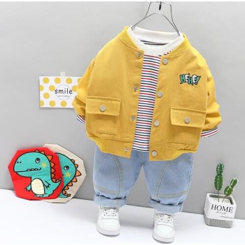 LISUNNY Baby Boys Girls Clothing Sets 2021 Spring Toddler Cartoon Dinosaur Coats Stripe T Shirt Jeans Children Kids Costume