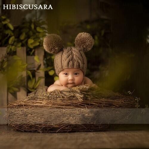 Cute Baby Knitted Pompom Hat Hand Crochet Woolen Yarn Hats Caps Newborn Photography Props Khaki Braid Knitting Beanie Bonnet