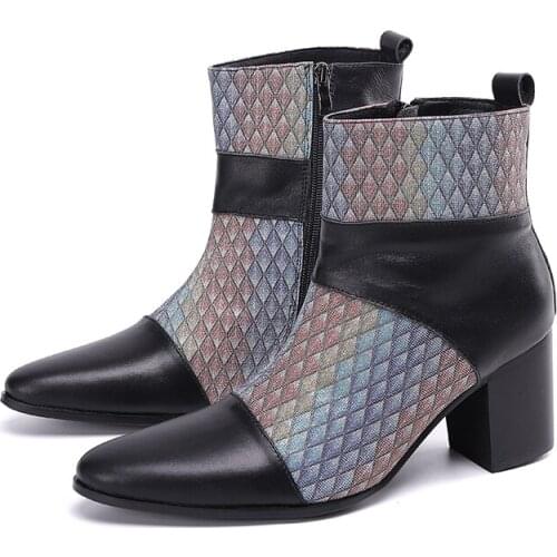 Mens 7 CM High Heel Genuine Leather Chelsea Causal Ankle Boots Patchwork British Trendy Leisure Business Dress Short Boots Men