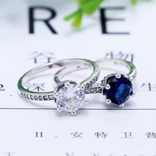 New 2019 Fashion Silver Color Clear Blue Sparkling Crown Solitaire Ring For Women Wedding Engagement Pan Rings DropShip