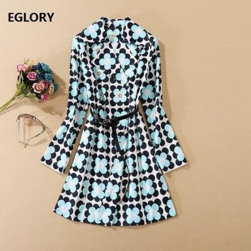 New 2020 Autumn Winter Long Trench Coat Women Color Block Floral Print Hand Made Beading Long Sleeve Casual Blue Outerwear Coats