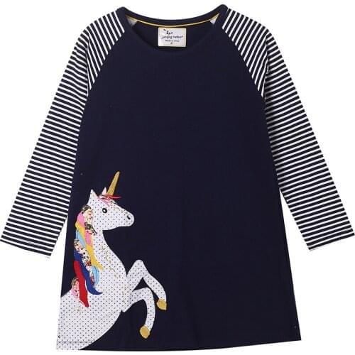New Autume Unicorn Navy Blue Striped Children Outfit Baby Girl T Shirt Cotton Long Sleeve for Age 18M 2 3 4 5 6 Years Old